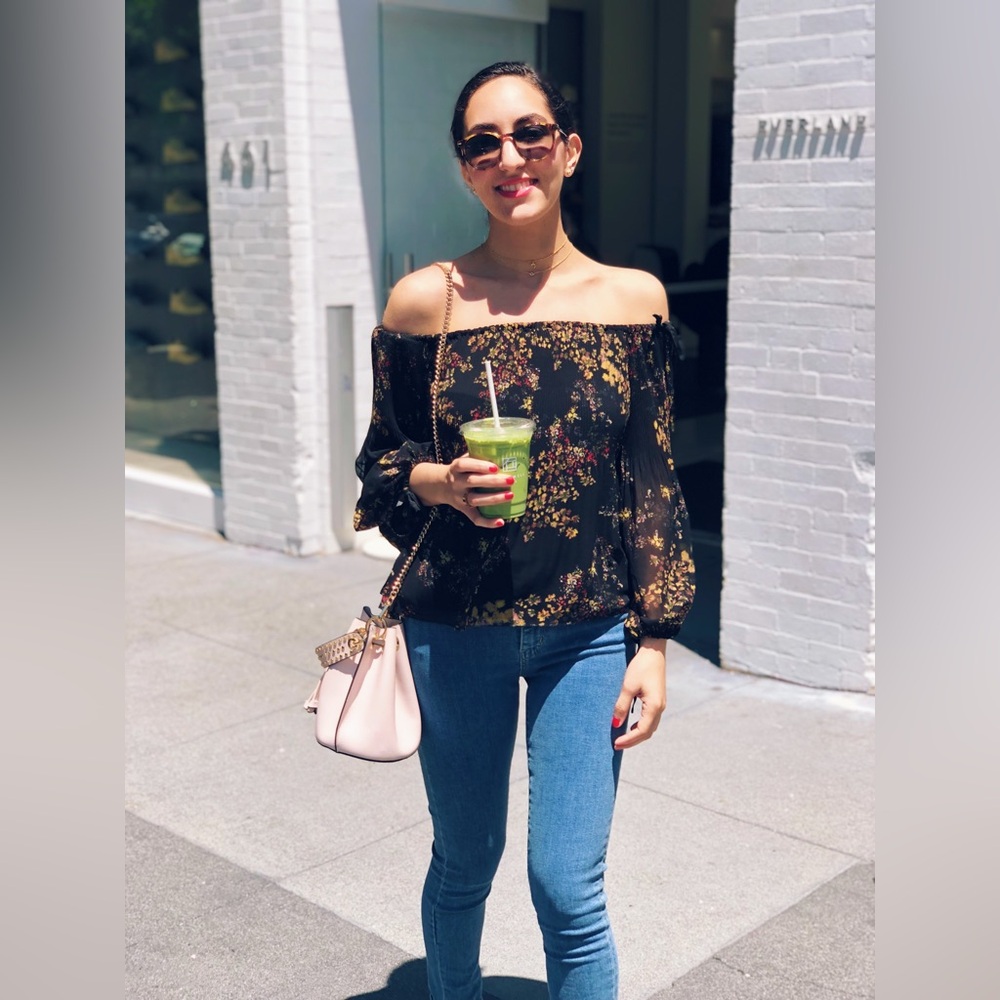 Aritzia Wilfred Talence Off-Shoulder Black Floral Blouse